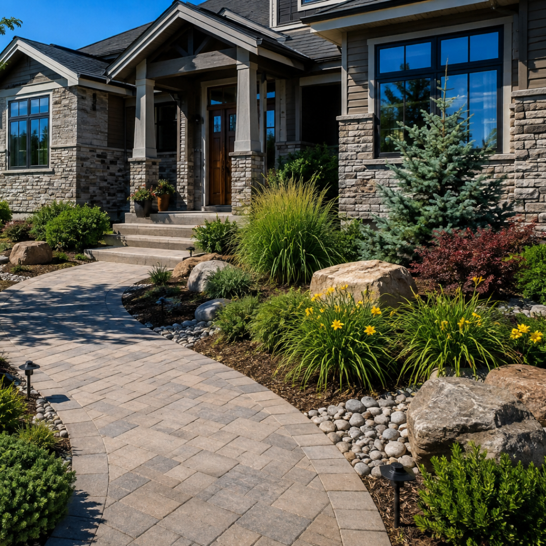 Paver front walkway and landscape beds with boulders, grasses and daylilies at a craftsman home.