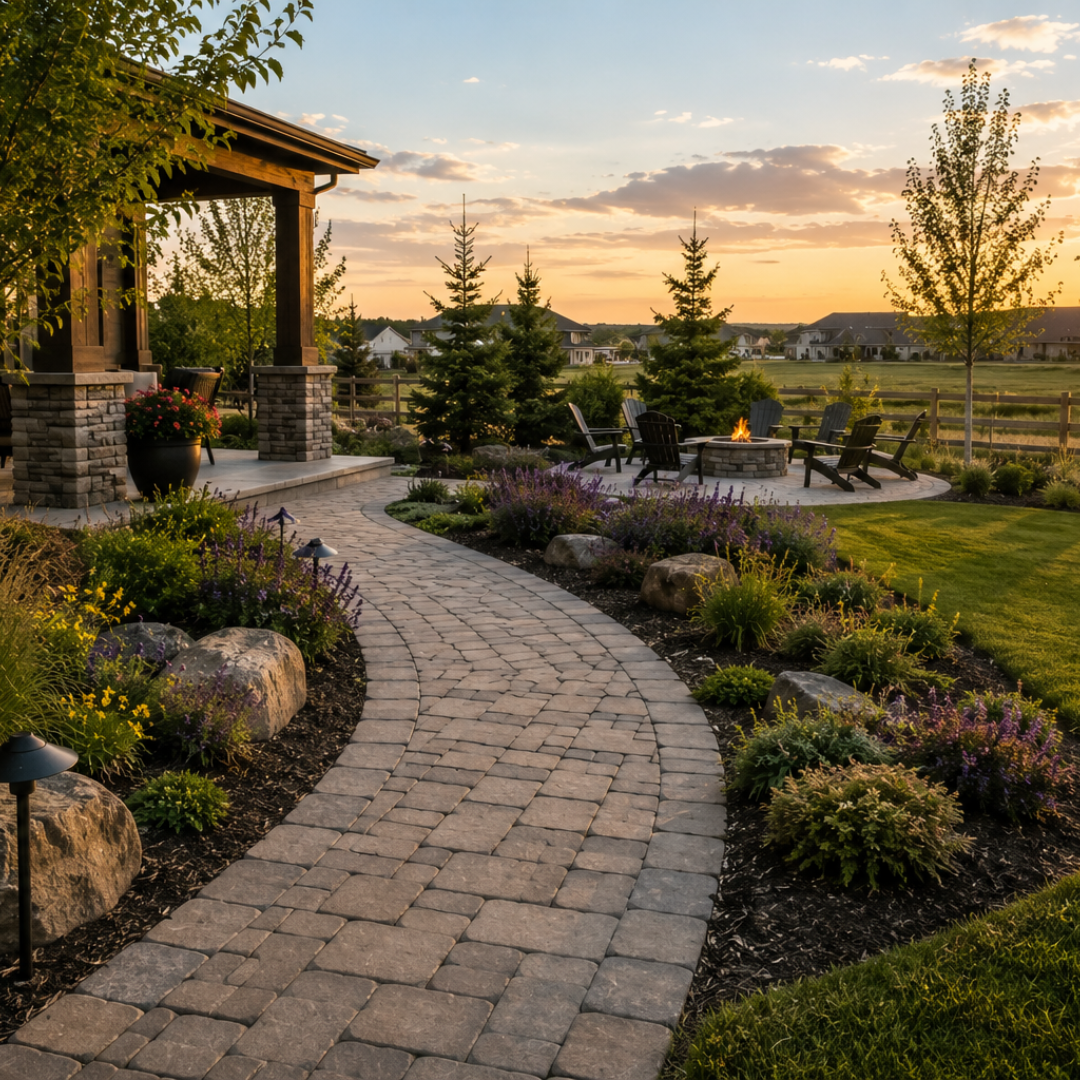 Backyard paver walkway and circular fire pit patio surrounded by perennial beds at golden hour