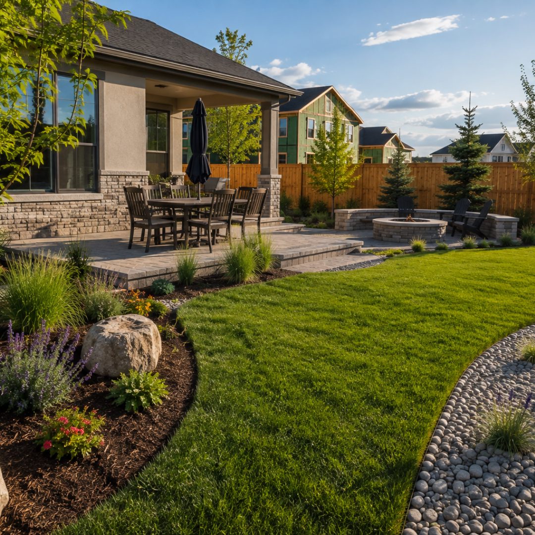New-construction backyard in Northern Colorado with paver patio, fire pit, lawn and river rock