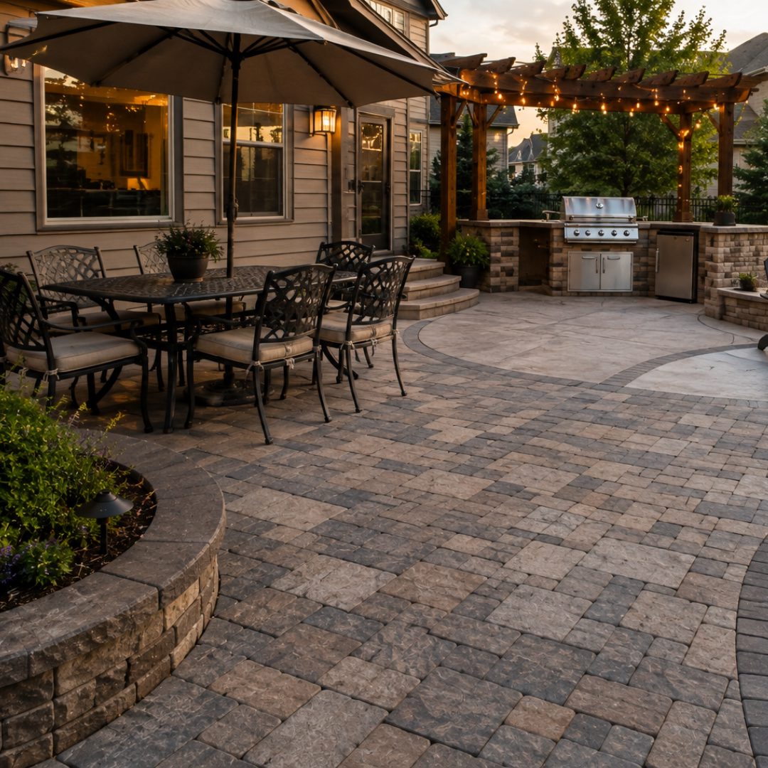 Paver and stamped concrete patio with outdoor kitchen, pergola and seat wall, Northern Colorado