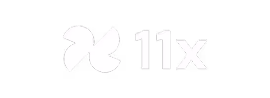 White abstract four-petal shape next to text '11x' on black background.
