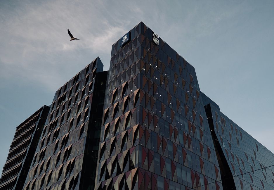 Low angle view of a modern geometric facade building with a bird in flight.