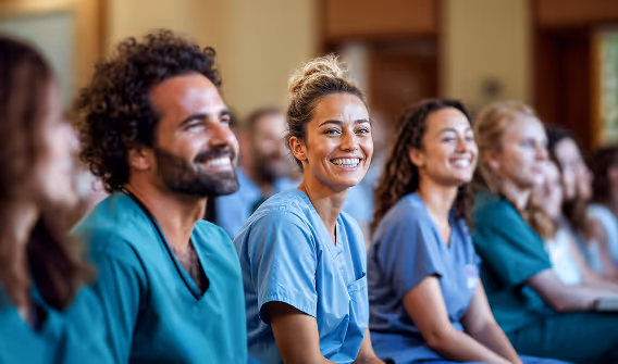 Group of smiling healthcare professionals in scrubs seated indoors.