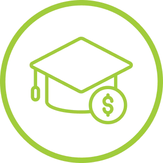 Green outline of a graduation cap with a dollar sign coin in front, enclosed in a circular border.