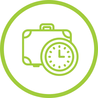 Green outline icon of a briefcase with a clock in front, symbolizing time management or scheduled work.