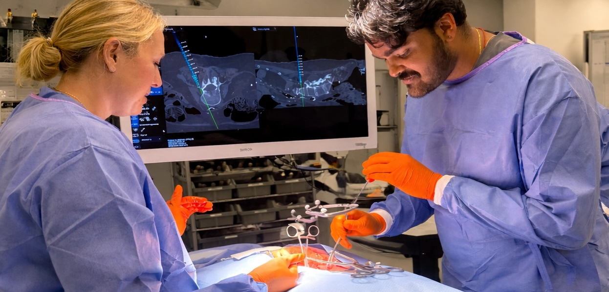 Two surgeons in blue gowns and orange gloves performing an operation with monitoring screen in background.