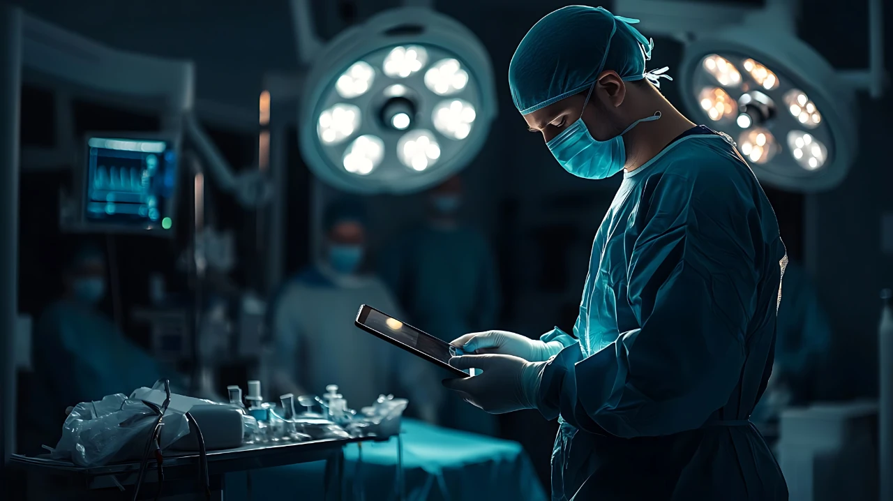 Surgeon wearing scrubs and mask reads data on tablet in dimly lit operating room.