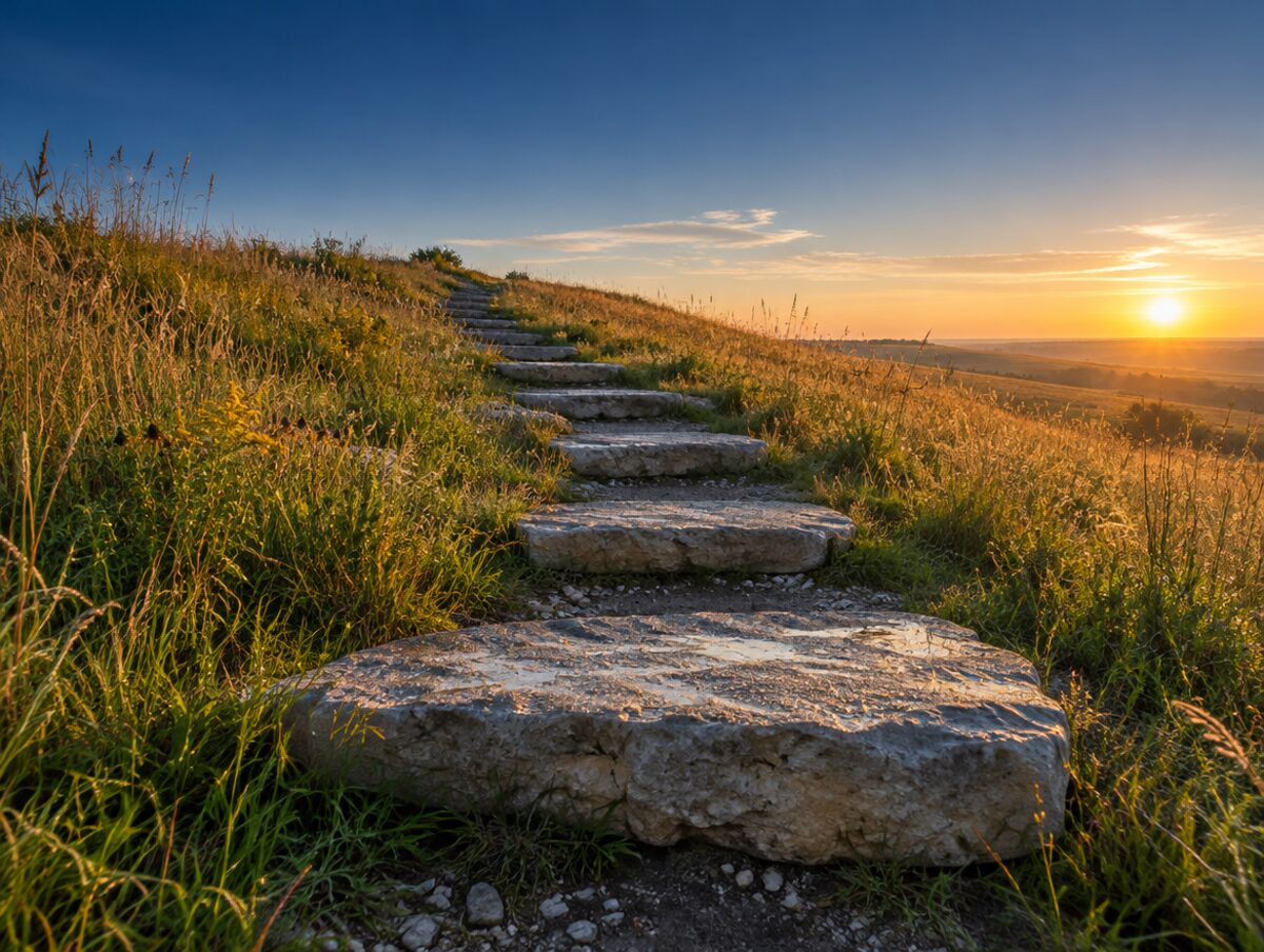 Broad flat limestone steps rising up a tallgrass prairie hillside toward a bright morning sky