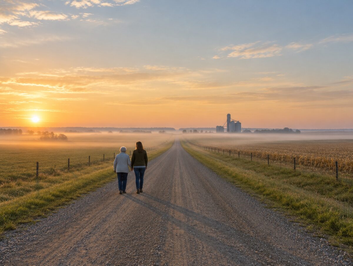 A woman in her late seventies and her adult daughter walking down a long straight gravel road through farmland at dawn