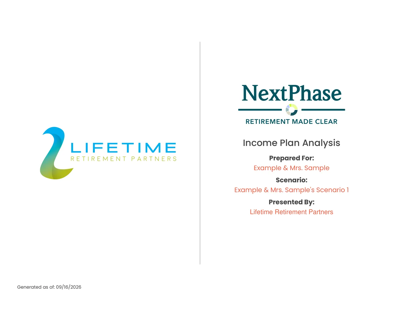 The cover of a sample Income Plan Analysis: Lifetime Retirement Partners and NextPhase, Retirement Made Clear, prepared for Example and Mrs. Sample.