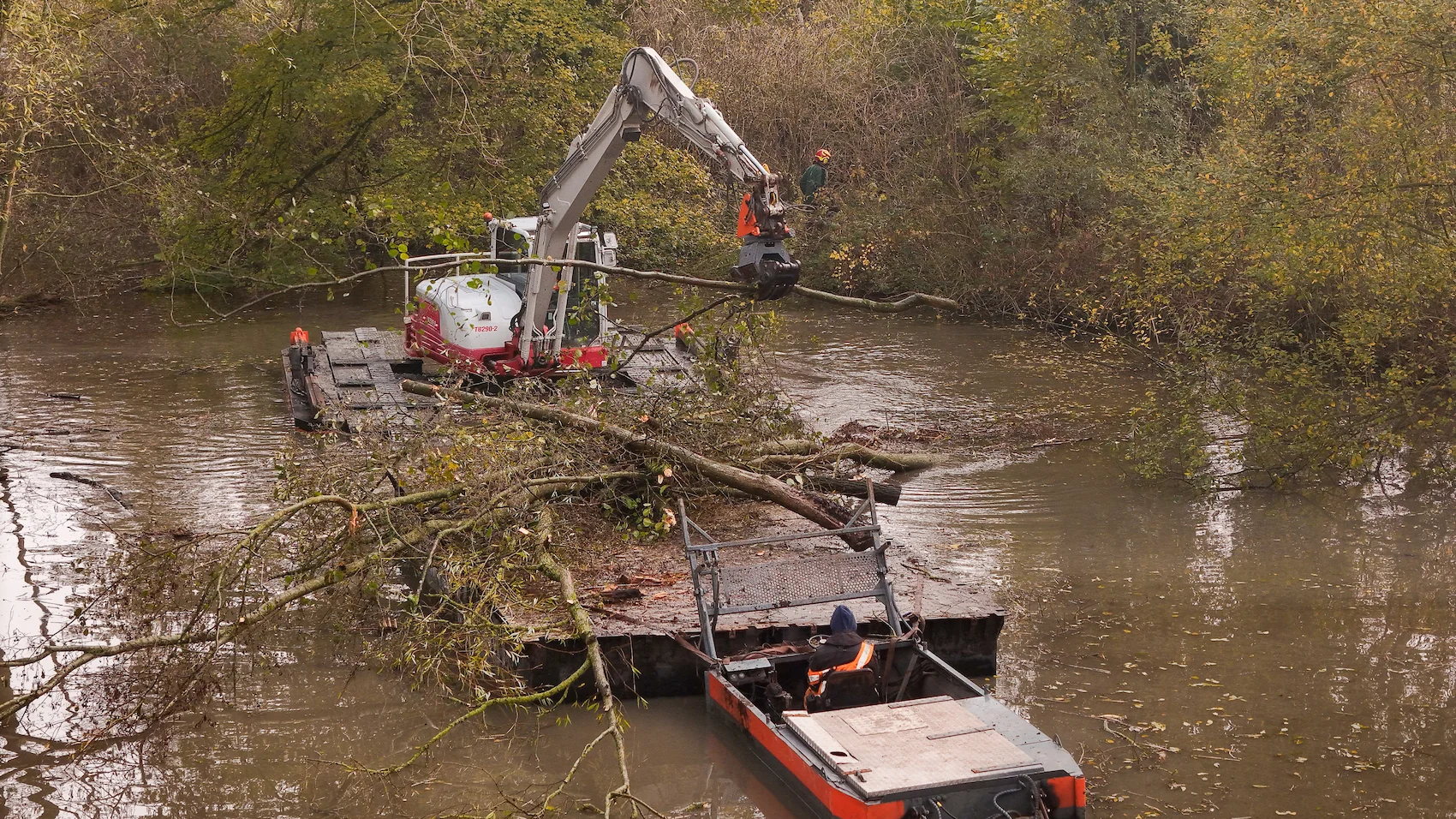 Een amfibische kraan van Van der Lee werkt midden in een smalle watergang, omringd door herfstige bomen. De kraan plaatst een bundel takken op een ponton in de watergang.