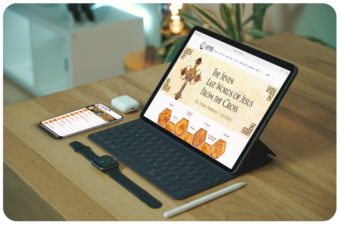 A tablet sitting on a table with the Patristic Nectar app on the screen, by Annunciate