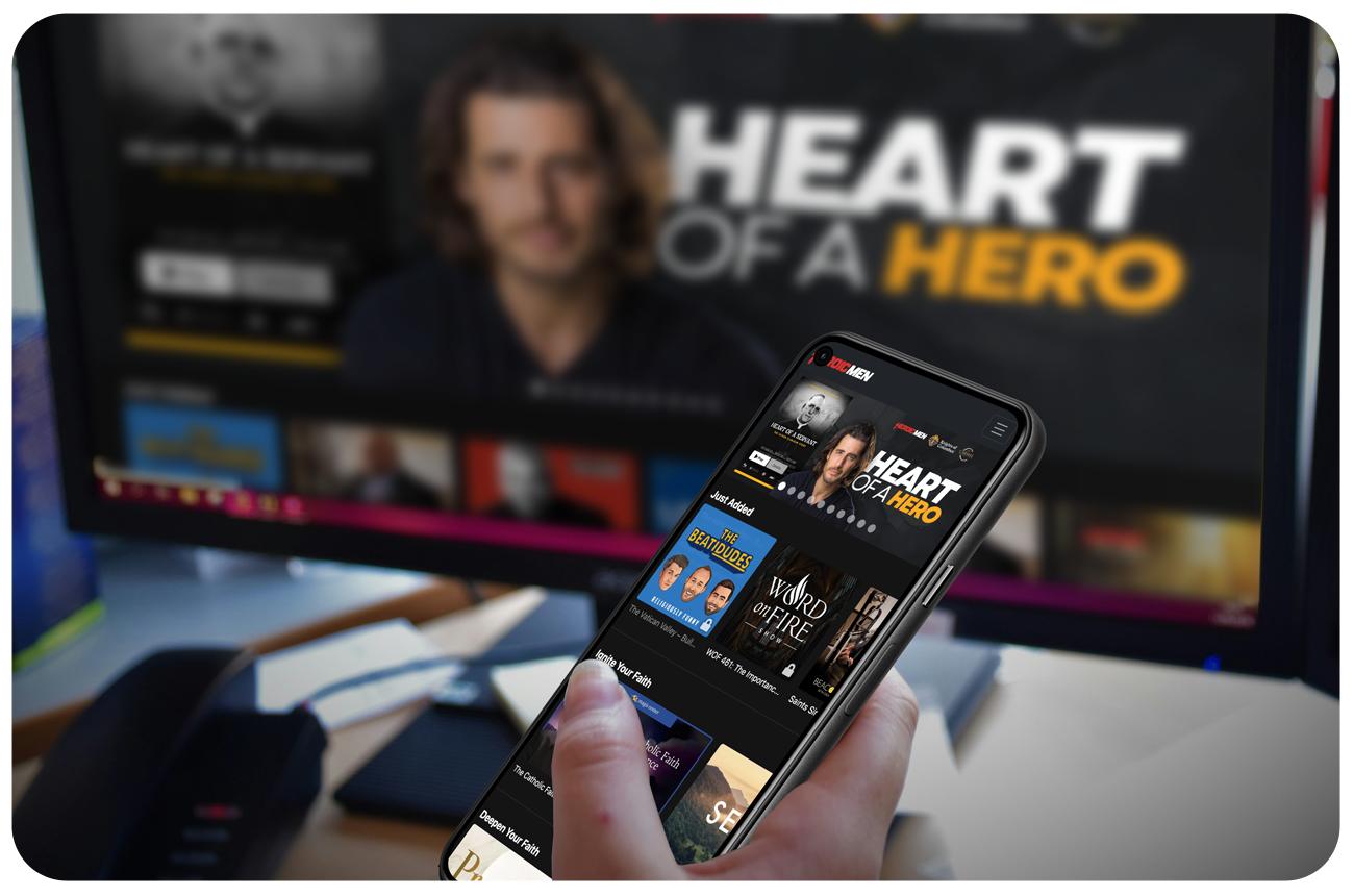 Heroic Men app built with Annunciate on a smart phone and a smart TV