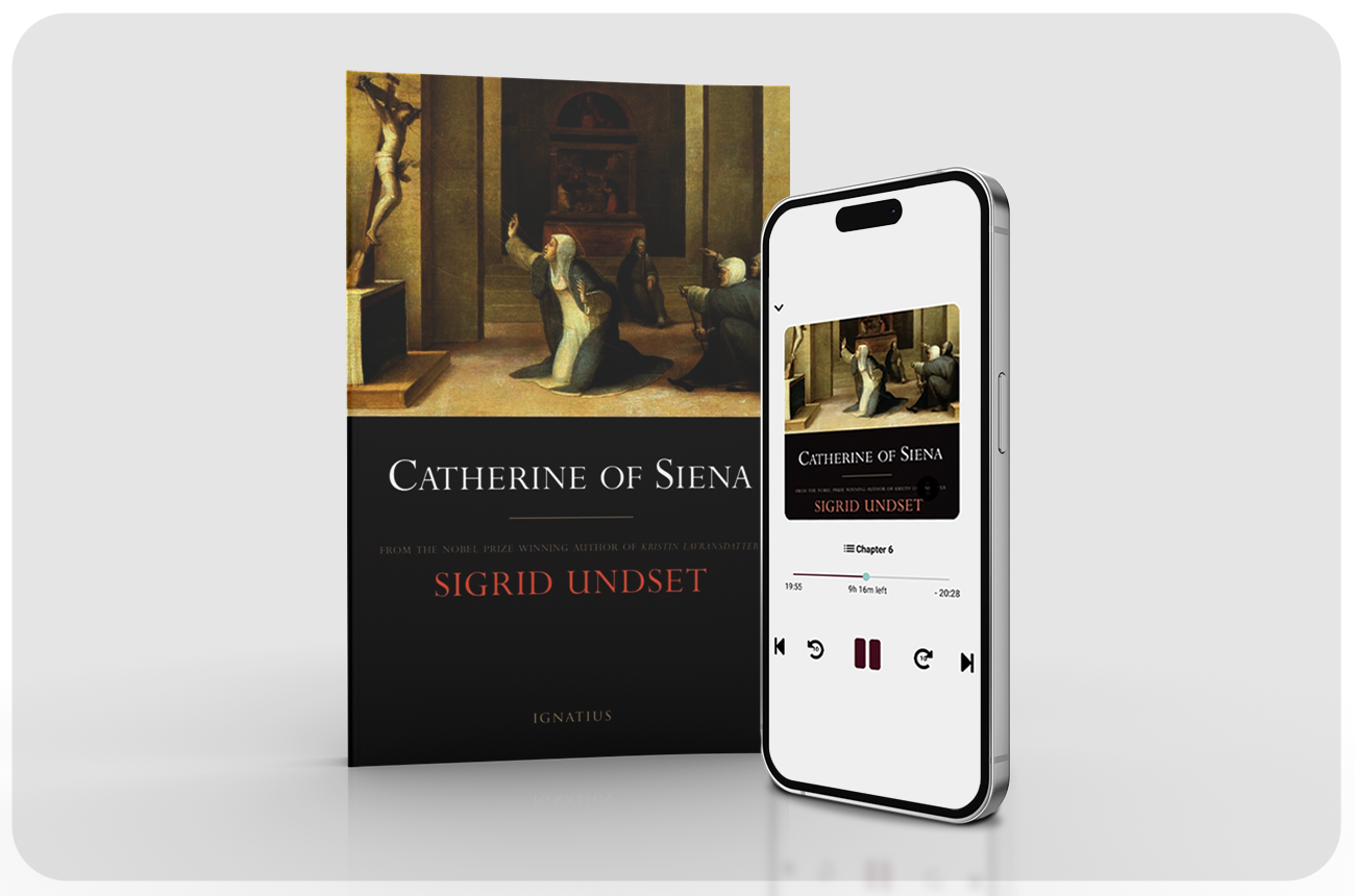 Catherine of Siena book with audiobook playing on a smartphone