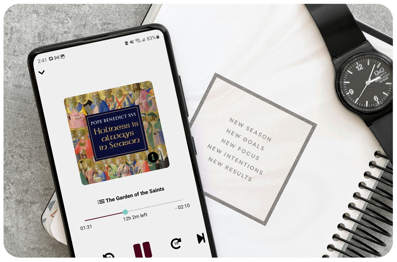 Audiobook playing on a smartphone on the Ignatius Press app built with Annunciate