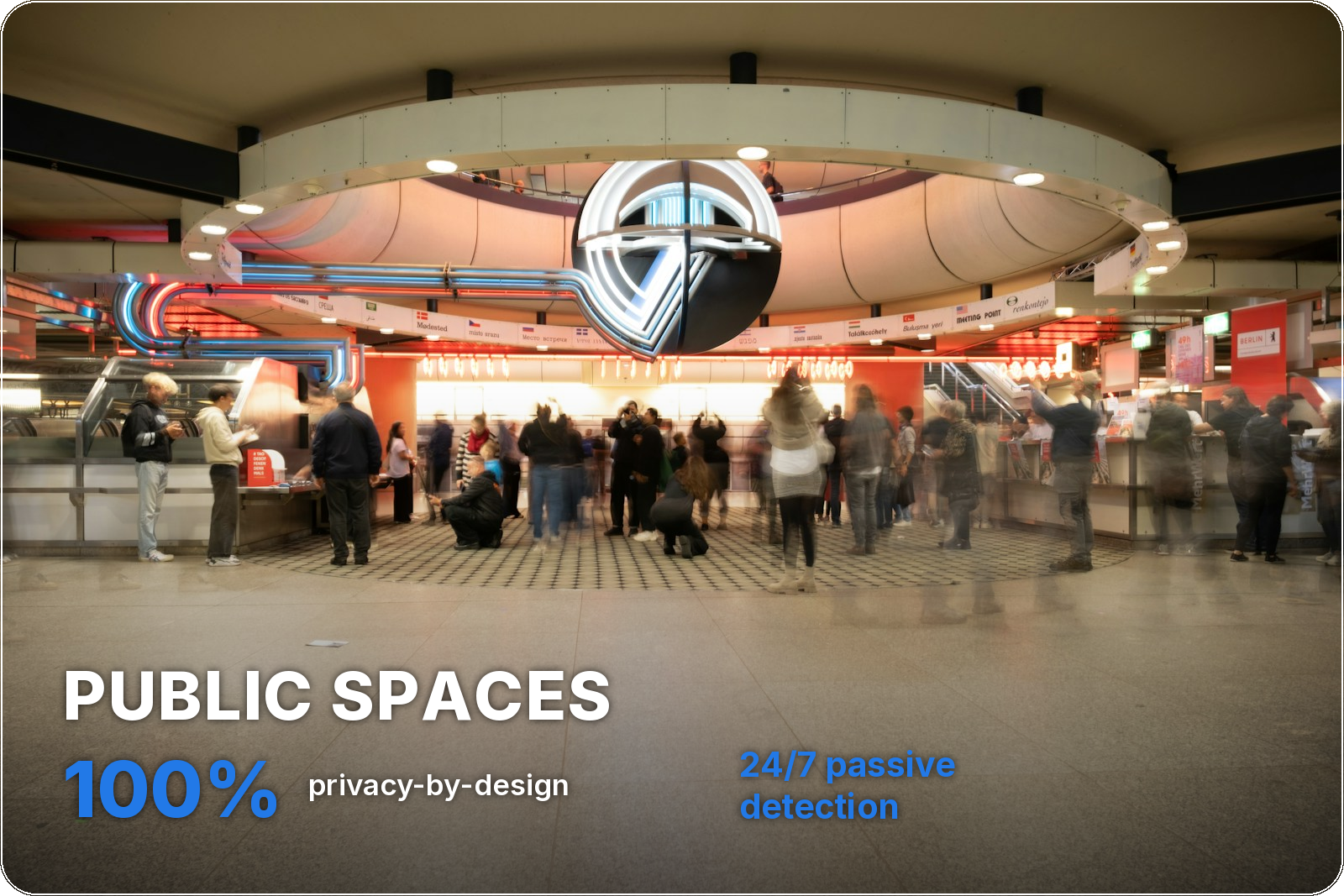 Safety in public spaces: travelers in a busy modern station concourse