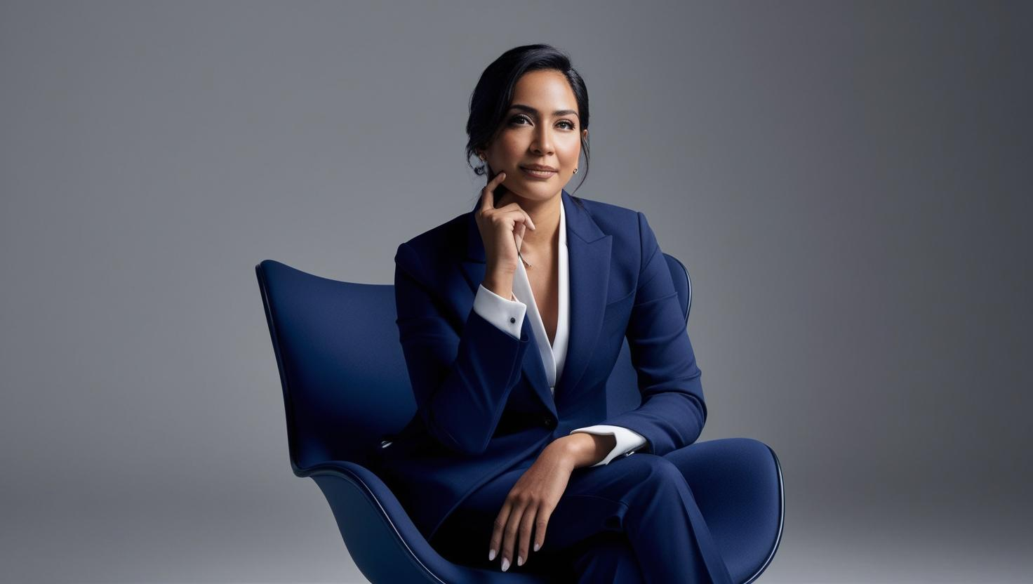 Professional woman in a navy blue business suit seated in a modern chair, posing confidently against a neutral gray background.