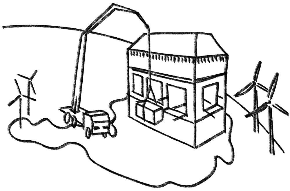 Illustration Kran mit Kartenhaus