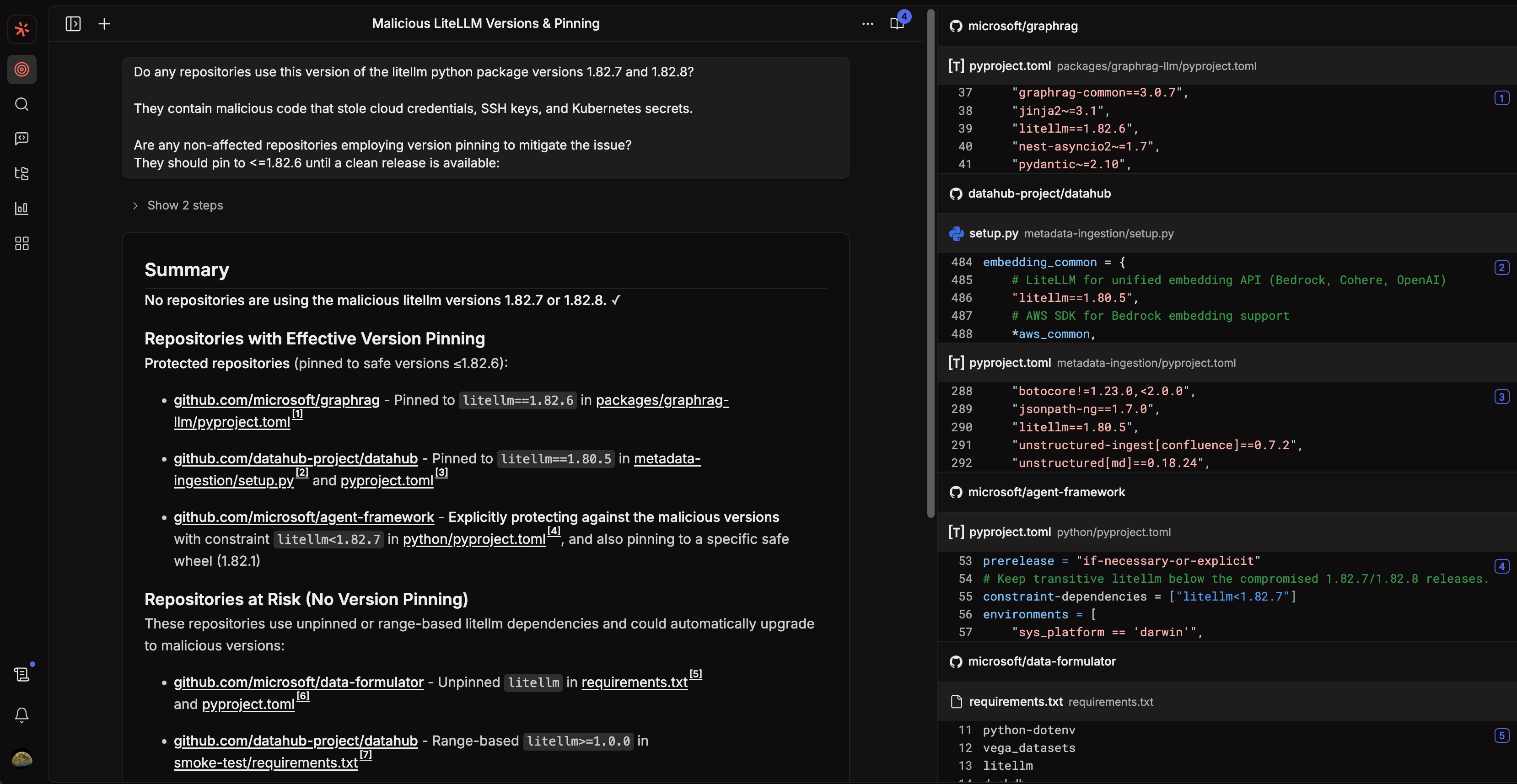 Deep Search를 사용하여 LiteLLM 악성 버전에 대한 위험도를 질문하고 분석 결과를 요약받는 화면이다.