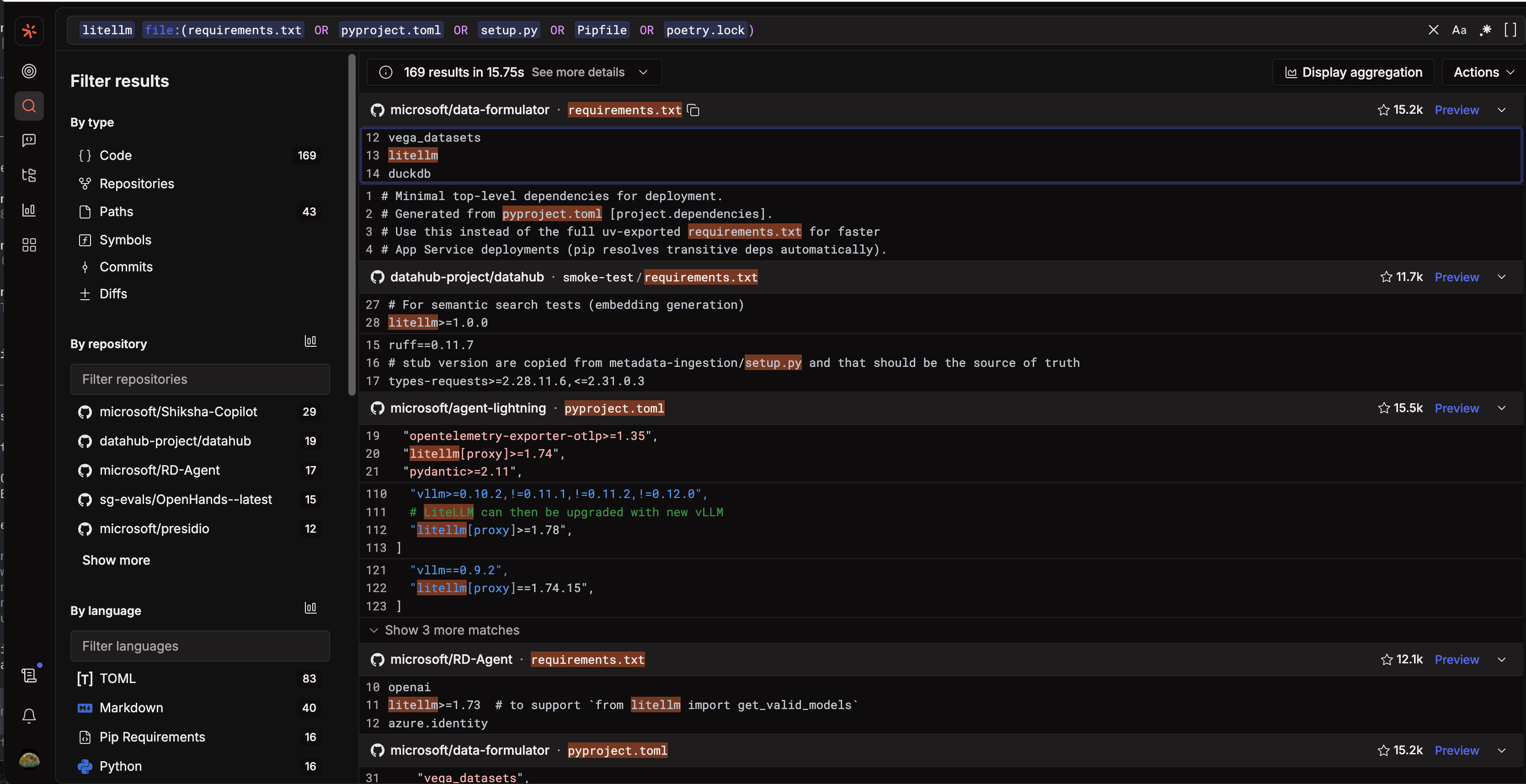 Code Search 쿼리 결과로 나타난 실제 의존성 파일 내의 LiteLLM 버전 선언부이다.