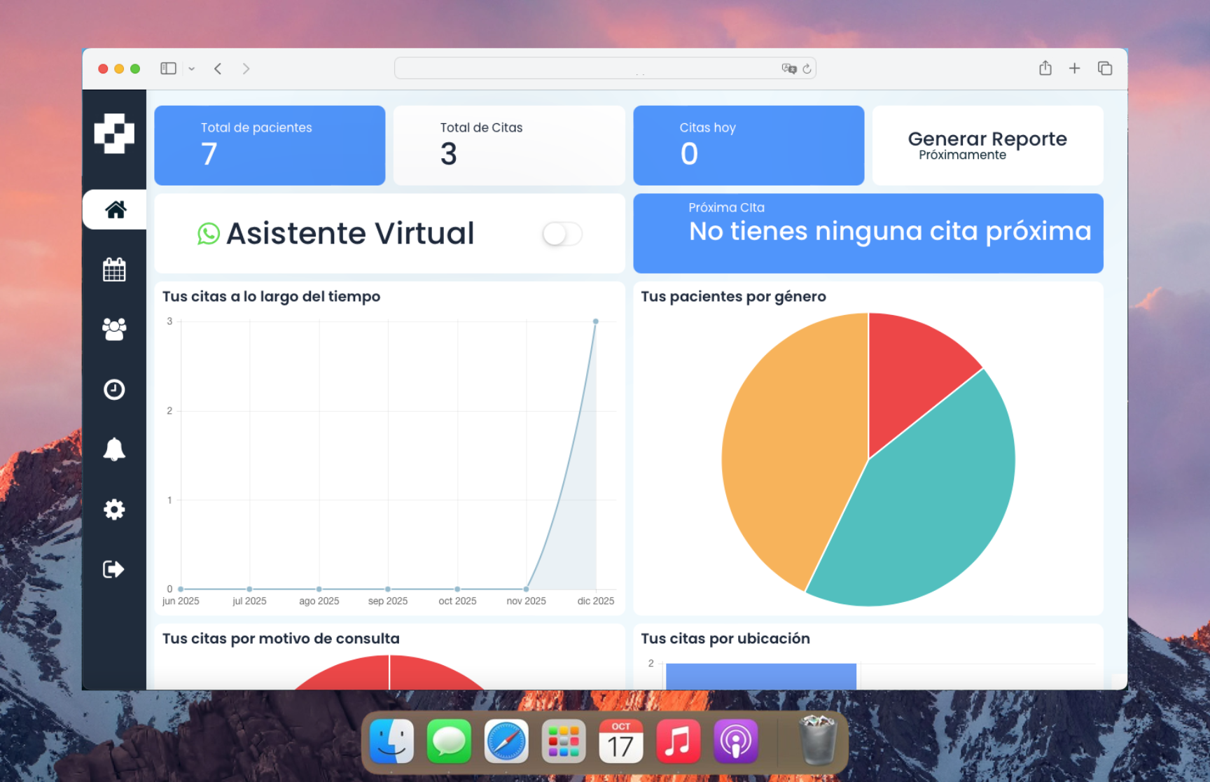 Dashboard showing patient and appointment statistics, including total patients (7), total appointments (3), no appointments today, a virtual assistant toggle, upcoming appointment notice, and charts for appointments over time, patient gender distribution, and appointment reasons.
