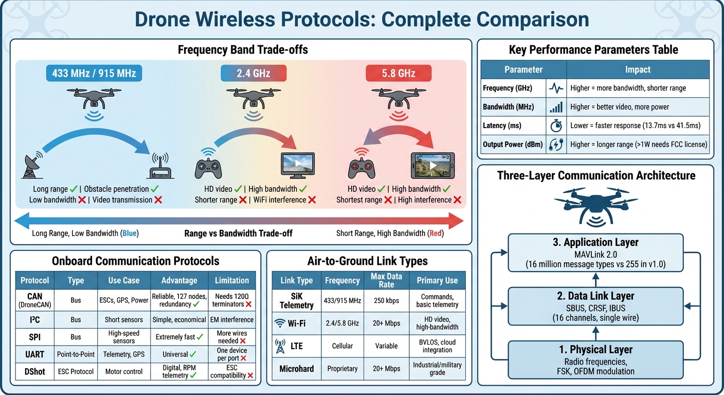 Drone Wireless Protocol Comparison: Frequency Bands, Data Rates, and Use Cases