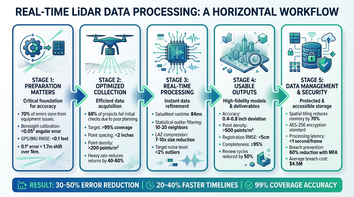 5-Stage Real-Time LiDAR Data Processing Workflow with Key Metrics