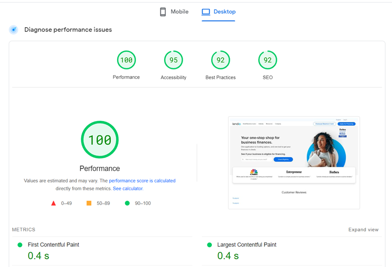 A screenshot of Google PageSpeed Insights showing a perfect 100 Performance score on desktop, highlighting its use as an SEO and performance tool for small businesses.