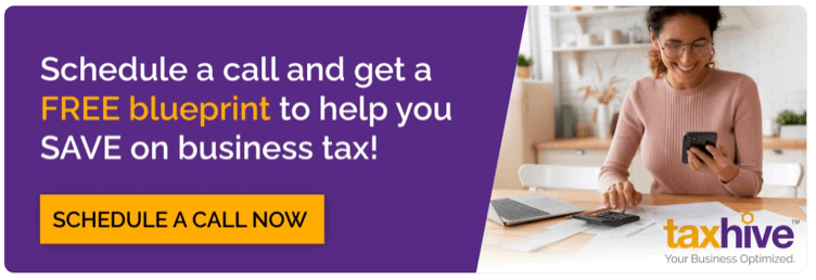 A smiling woman uses a calculator and phone, next to text promoting a free blueprint from Taxhive to save on business tax.
