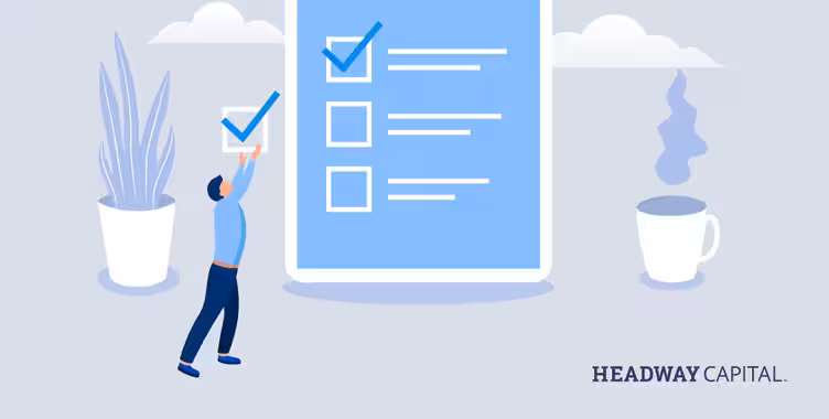 An illustration of a person checking off items on a large blue checklist, symbolizing completion of a small business financing checklist. A plant and coffee are nearby.