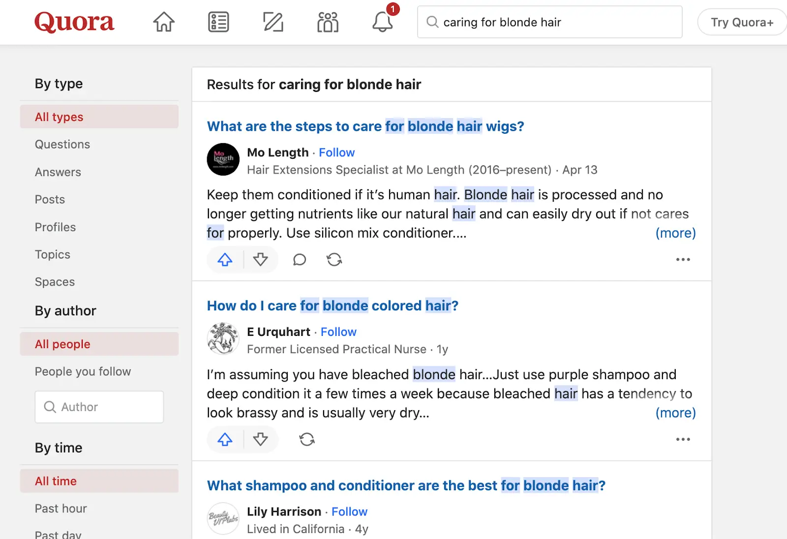 A screenshot of Quora's search results page for 'caring for blonde hair,' demonstrating how a small business owner can use the platform for market research by identifying customer questions and popular topics.