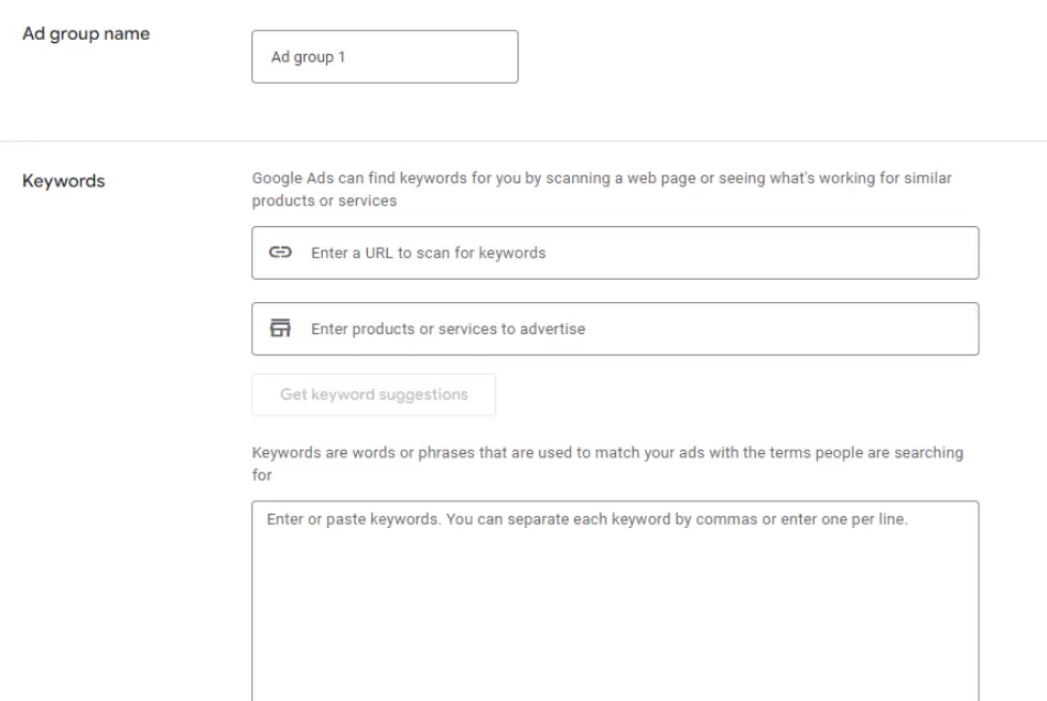 A screenshot of Google Ads' keyword selection screen, showing a field for entering keywords and an option to get suggestions by entering a website URL or products and services.