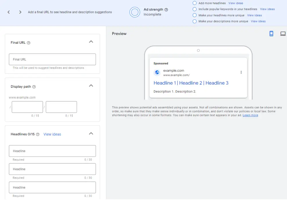 A screenshot of Google Ads' ad creation screen, showing the fields for entering the final URL, display path, and headlines, with a live preview of the ad on the right.