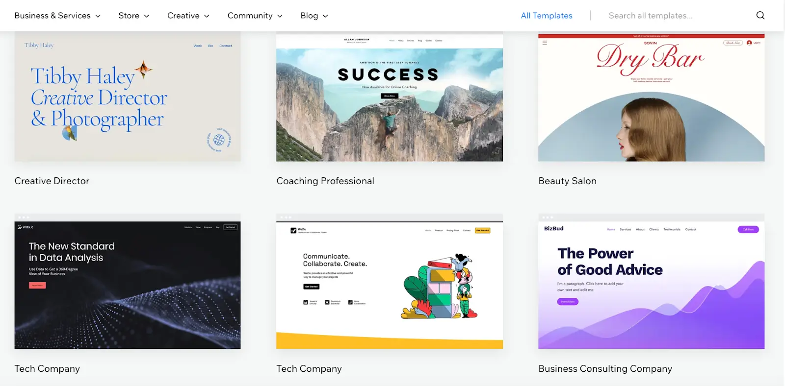 A screenshot showing six different website templates available for small businesses, demonstrating a variety of styles for creative directors, coaching professionals, beauty salons, tech companies, and business consulting companies.