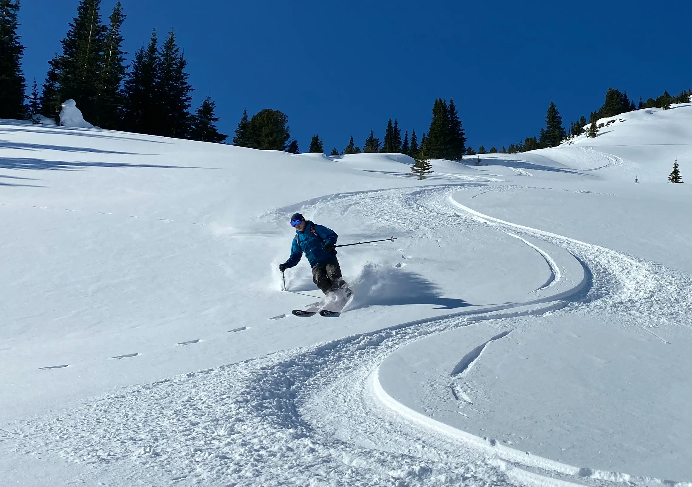Backcountry skier carving a nice powder turn