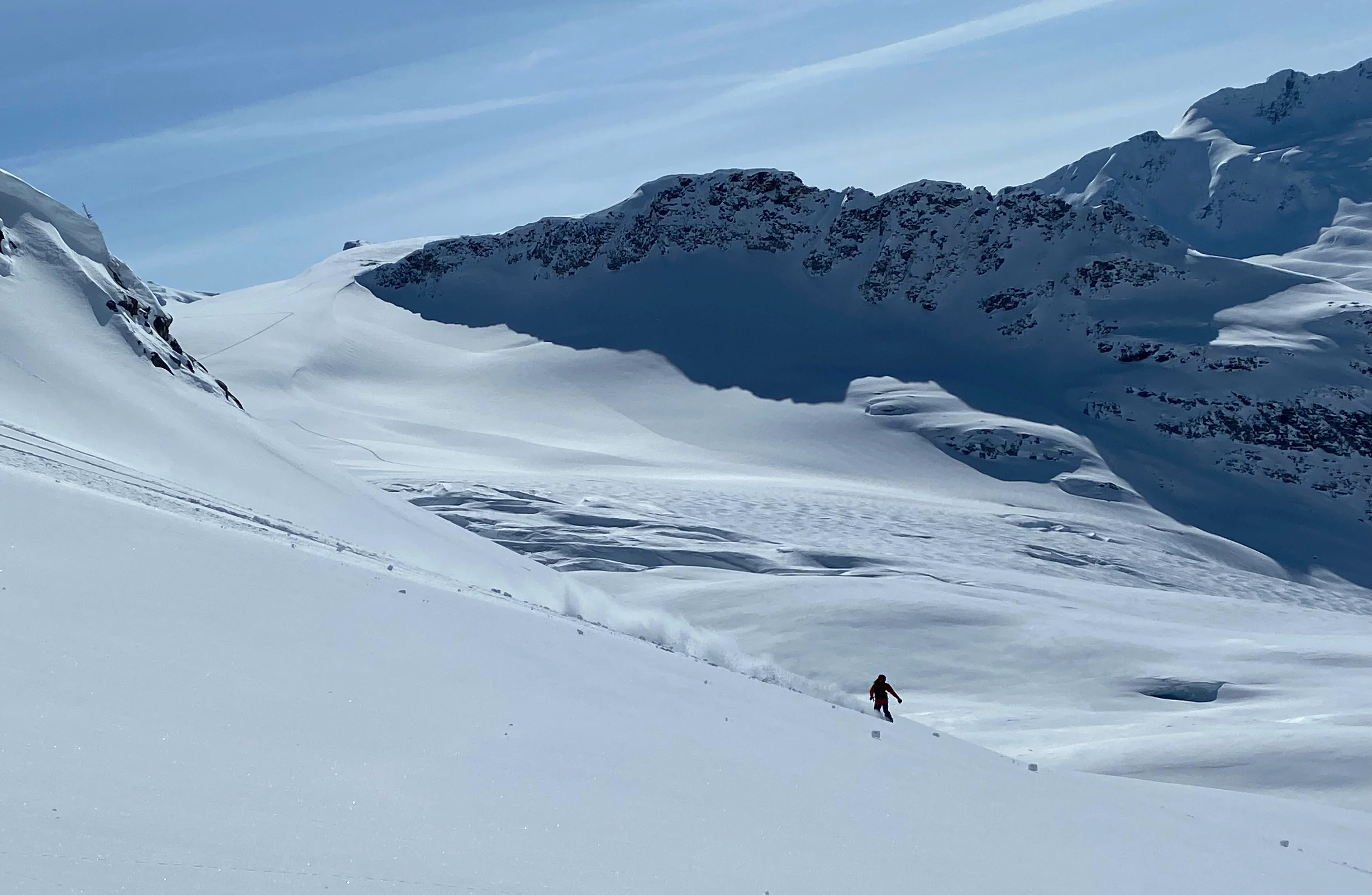 Backcountry Rider in the alpine, glaciers in the background