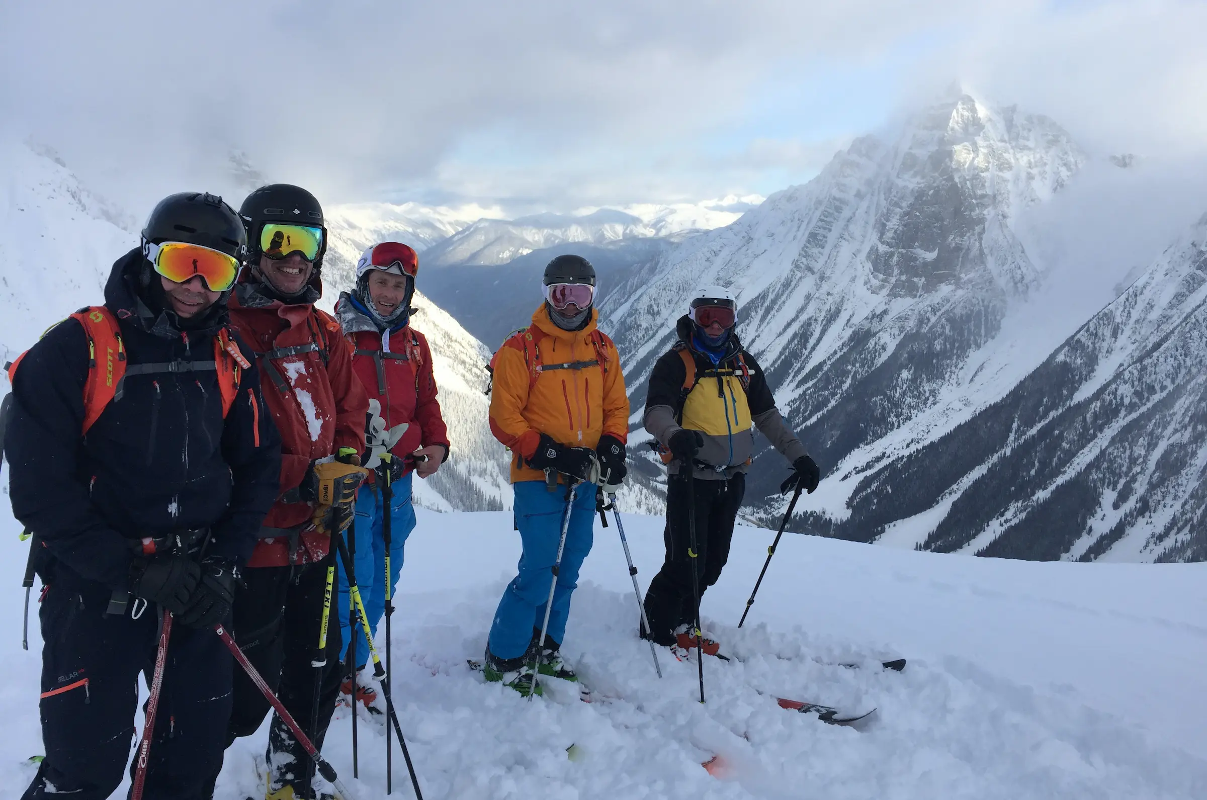 Five Scandinavians, posing mid decent, Rogers Pass