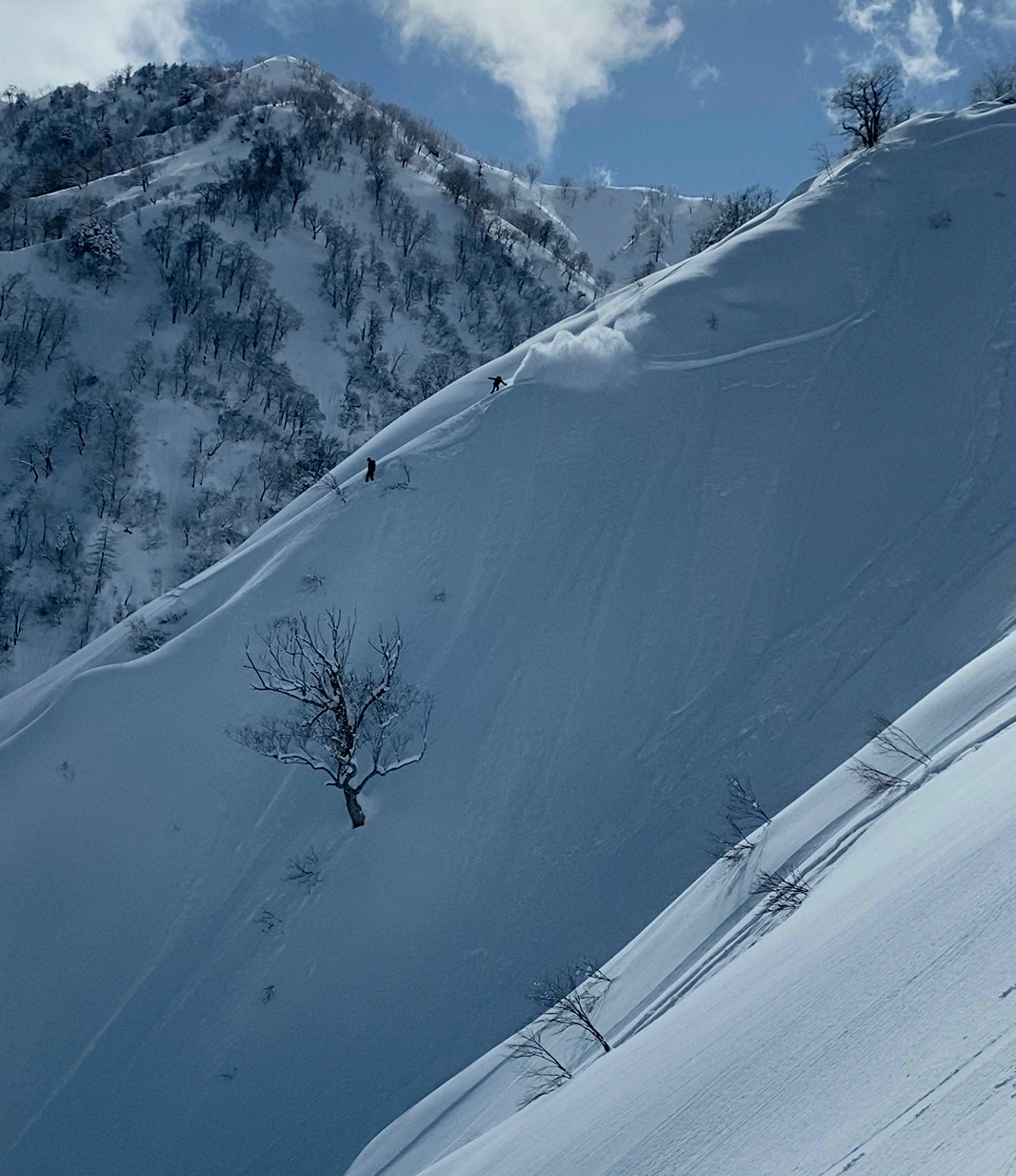 Two snow boarders on a huge spine feature, Hakuba Backccountry