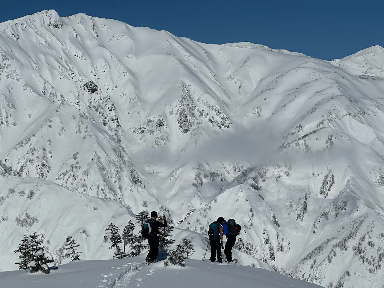 Ski tourers on a ride looking over intricate terrain Hakuba