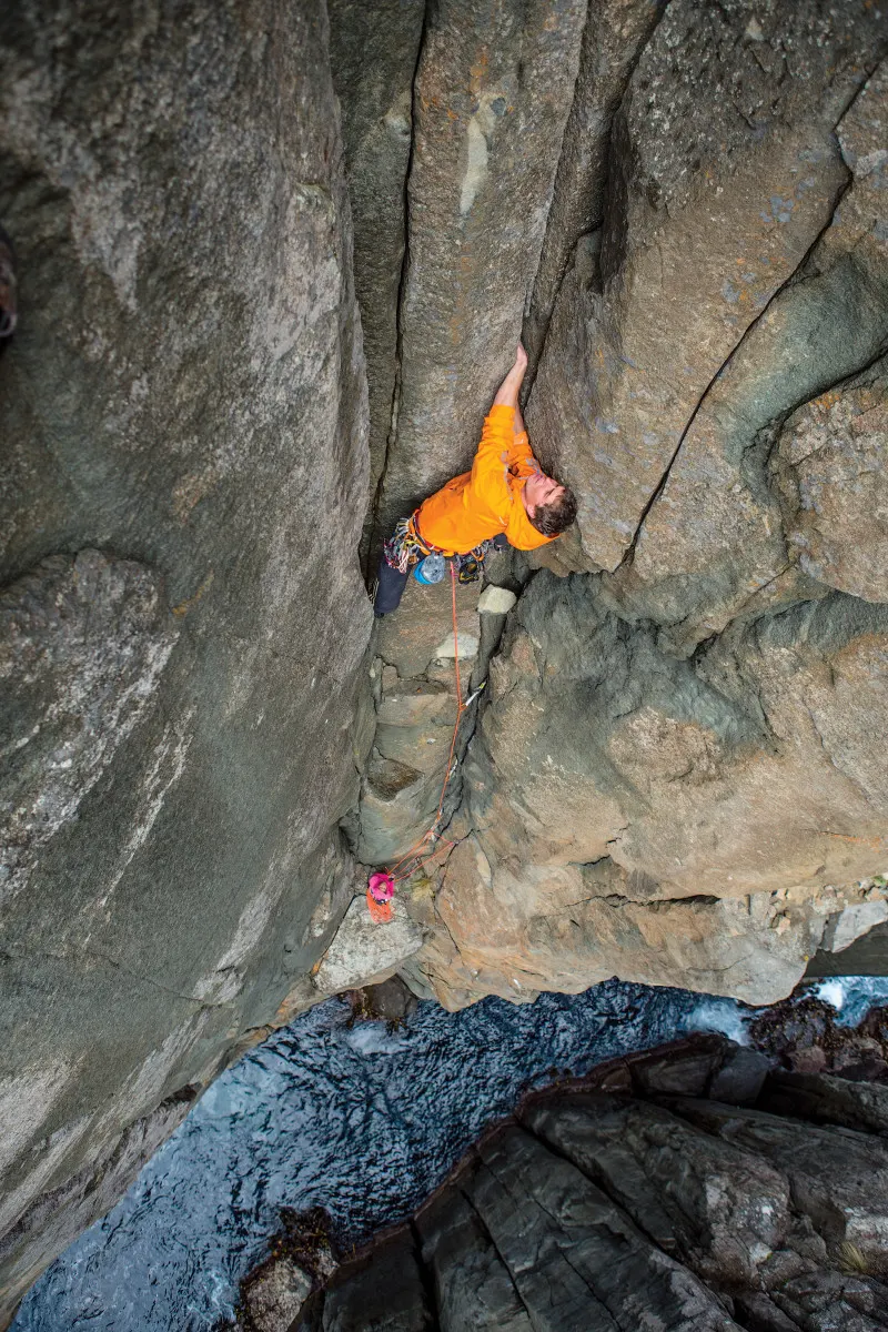 Sea cliff climb on Tasmania's rugged coast.
