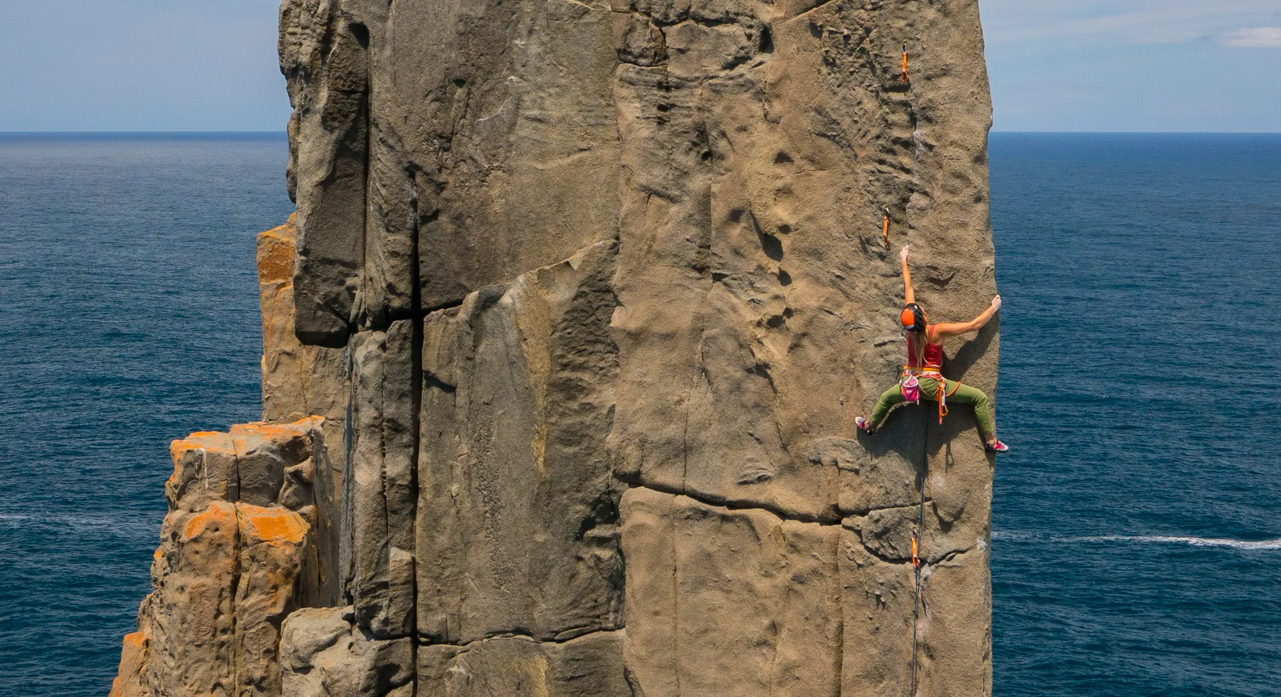 Climber on Pole dancer, Tasmania East coast.