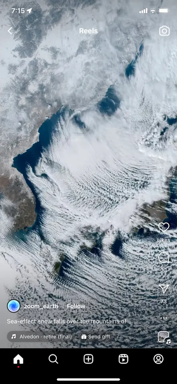 A satellite image of Japan showing ocean effect cloud 