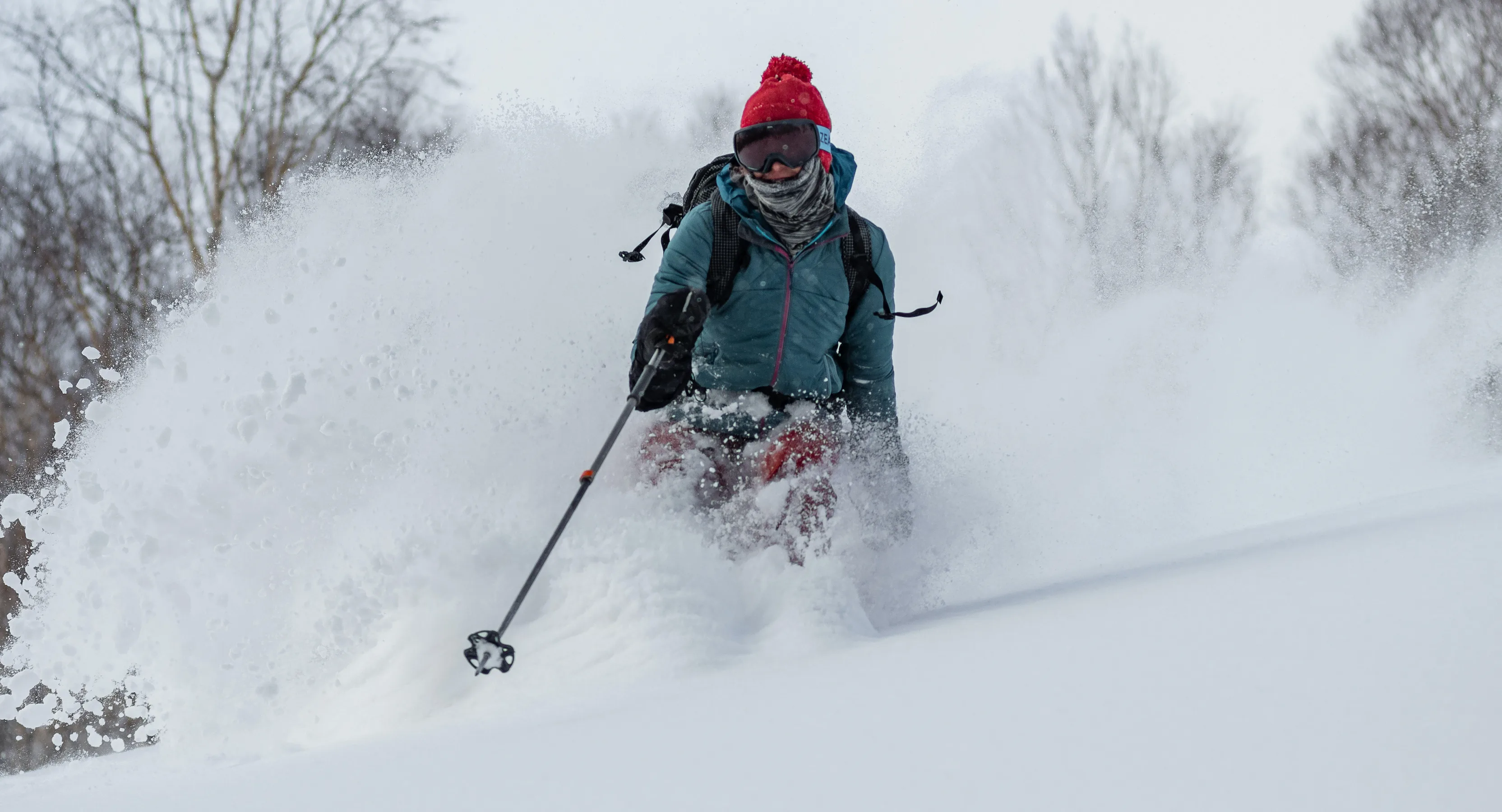 Woman backcountry Skier turning in blower powder, Hakuba
