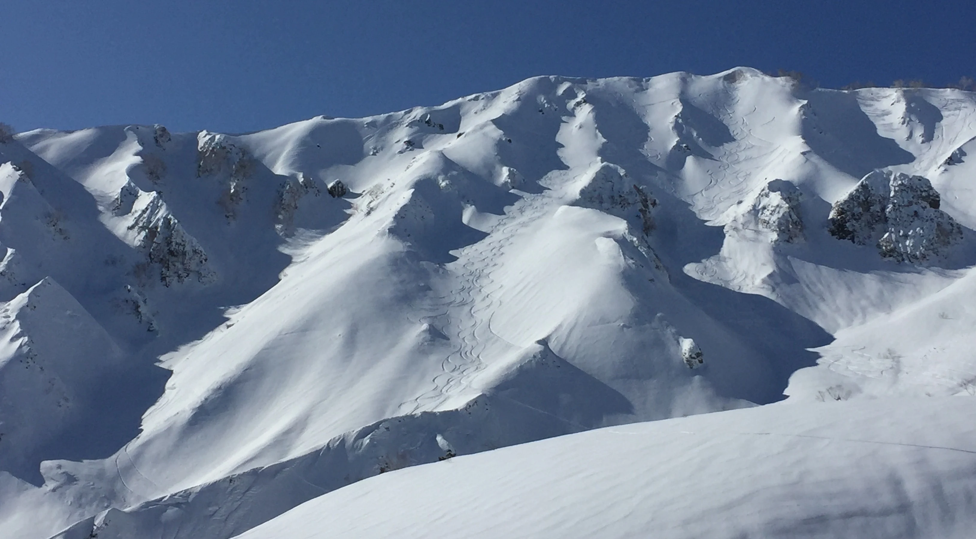 Spines and gullies with ski tracks, Hakuba