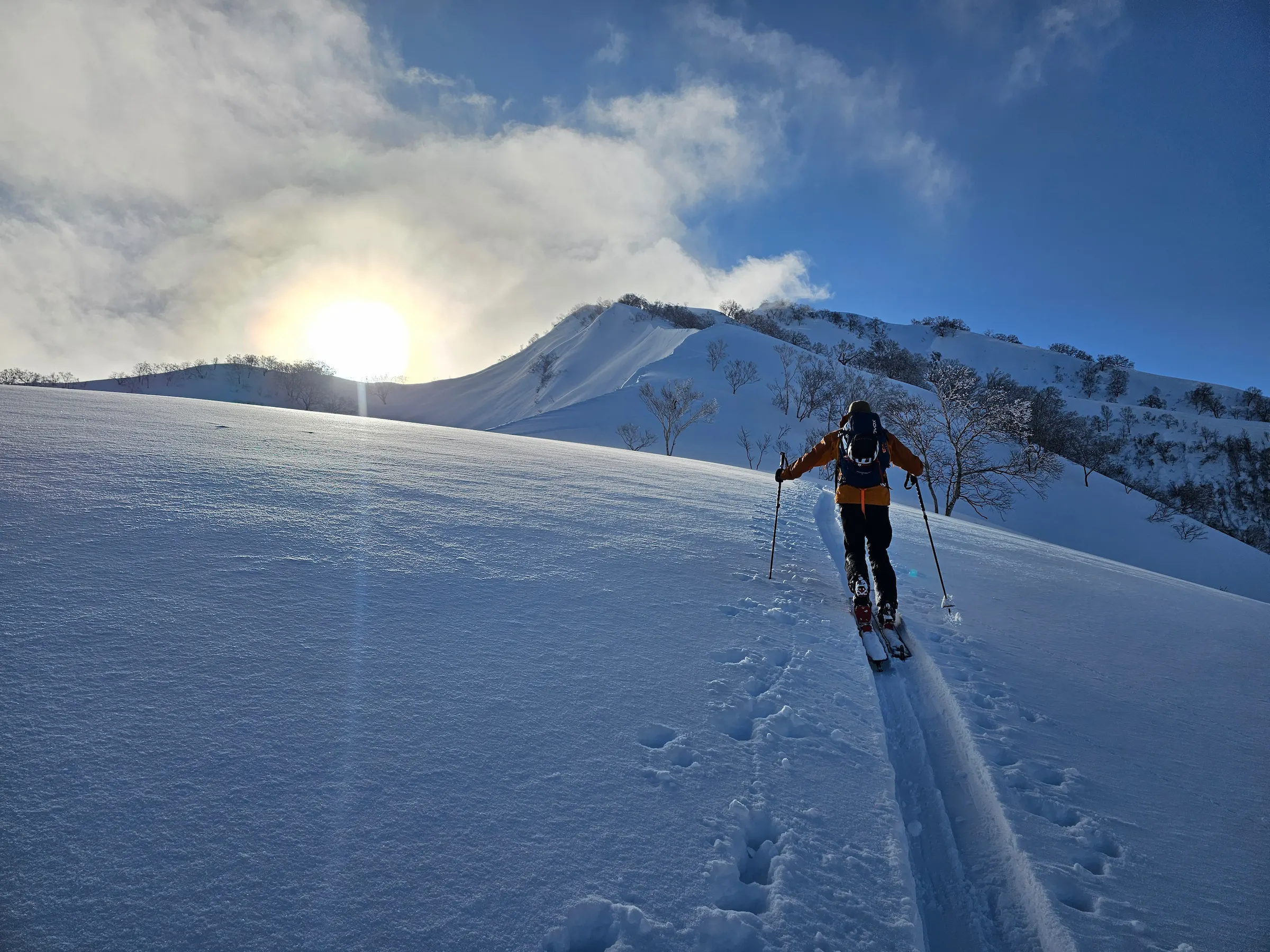 A skier skinning up a stunning ridge with perfect light, thanks to a rising sun