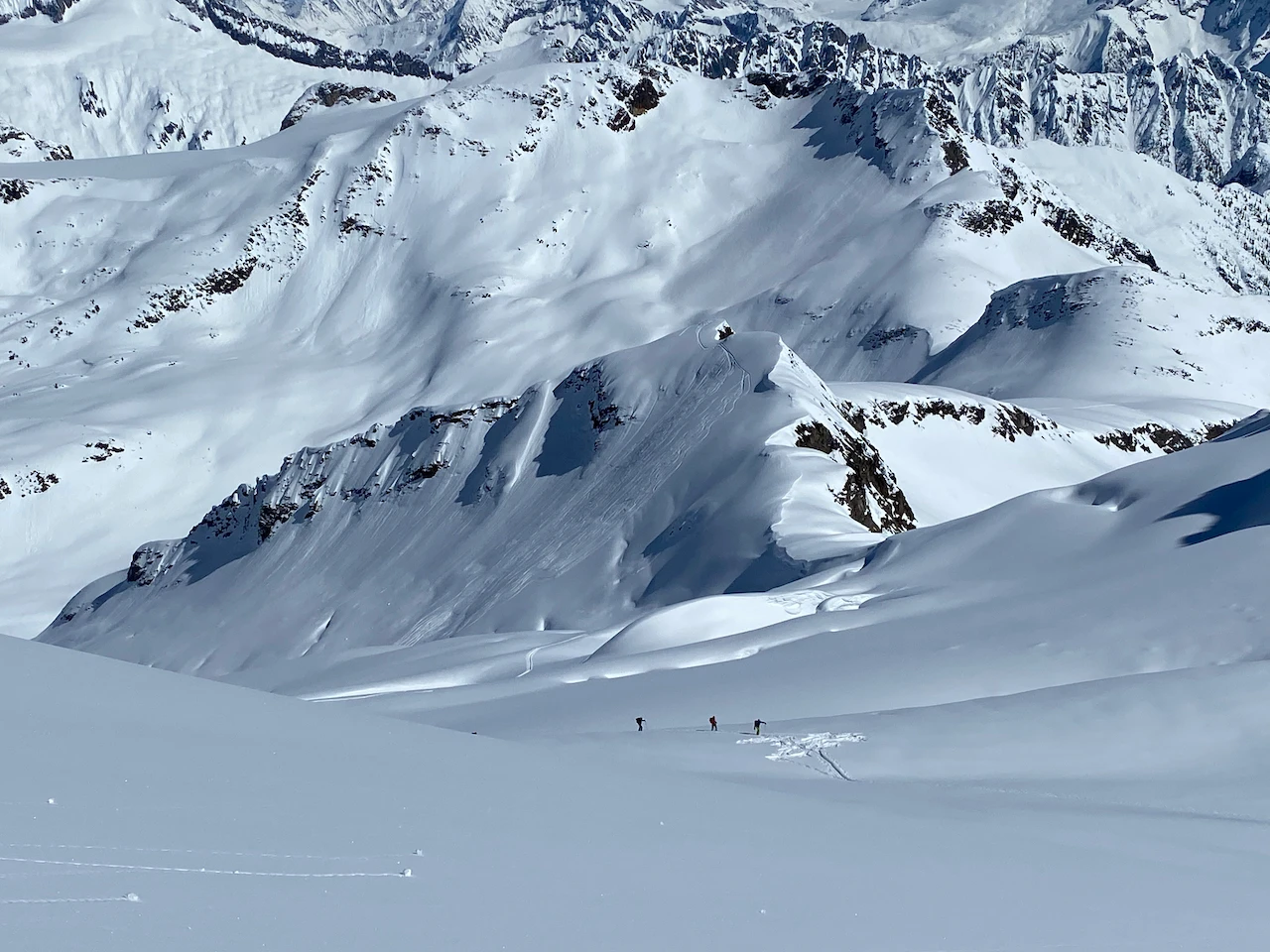 Looking down big glaciated terrain an a big run skied
