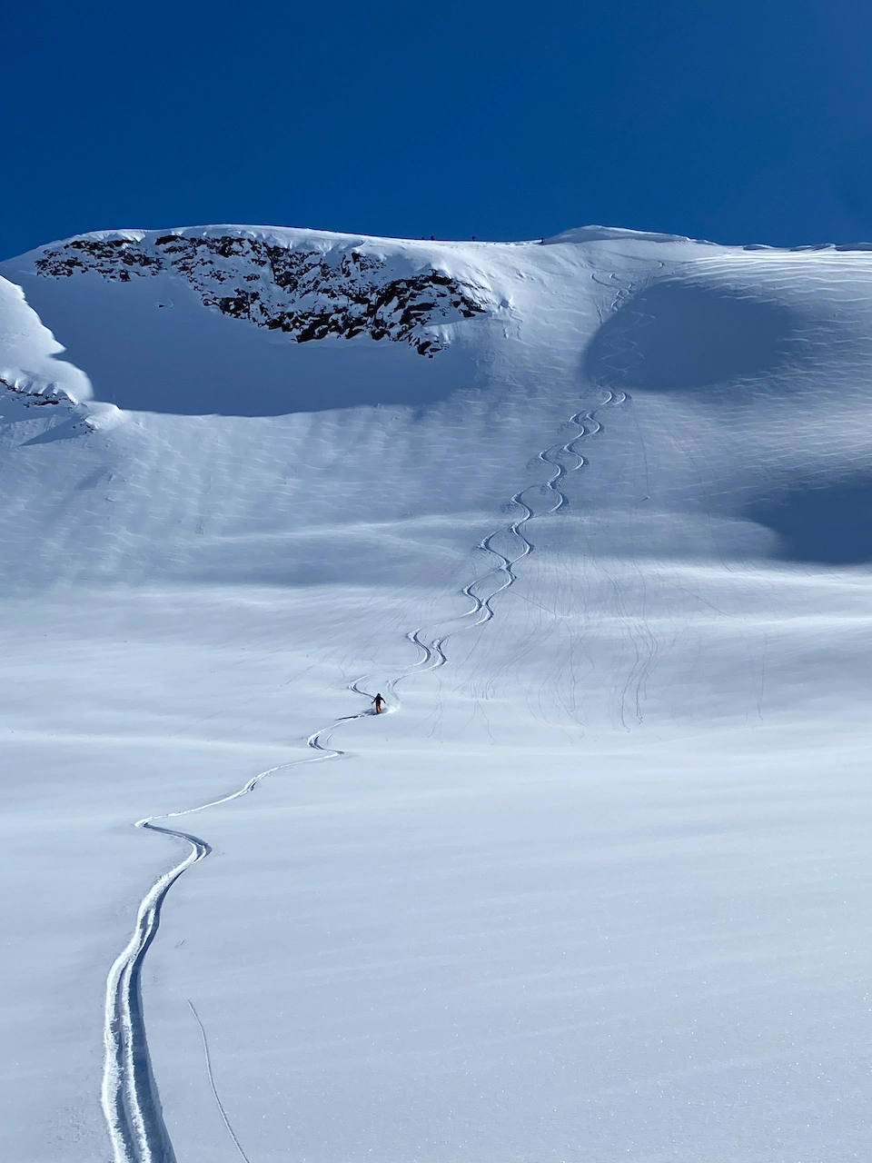 Skier at the bottom of a big line with arms stretched out in appreciation  