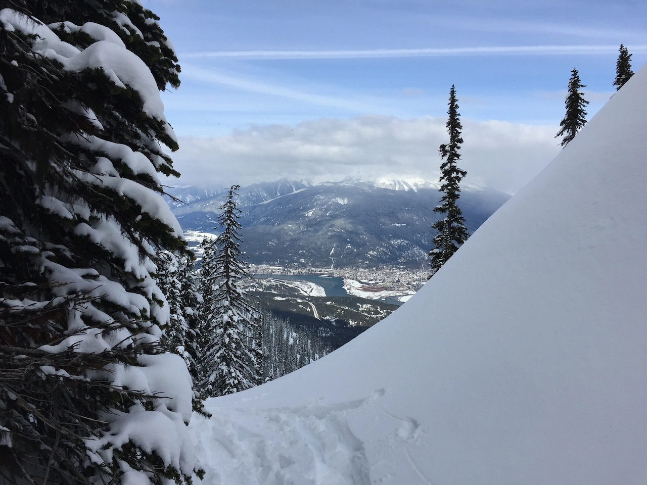 Looking down at Revelstoke from a high snowy nook