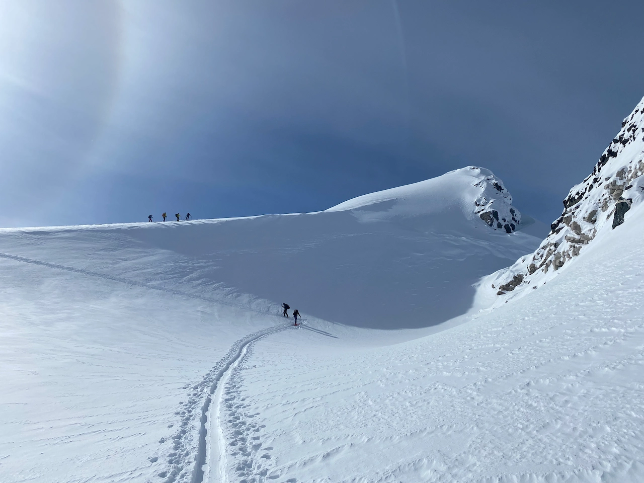 Ski touring through an interesting alpine scoop