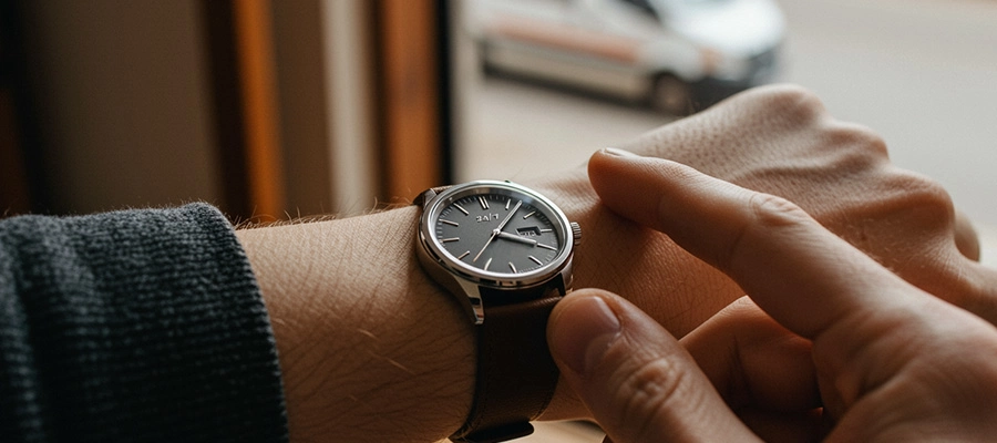 Hand stellt eine analoge Armbanduhr mit Lederarmband an einem Handgelenk ein.